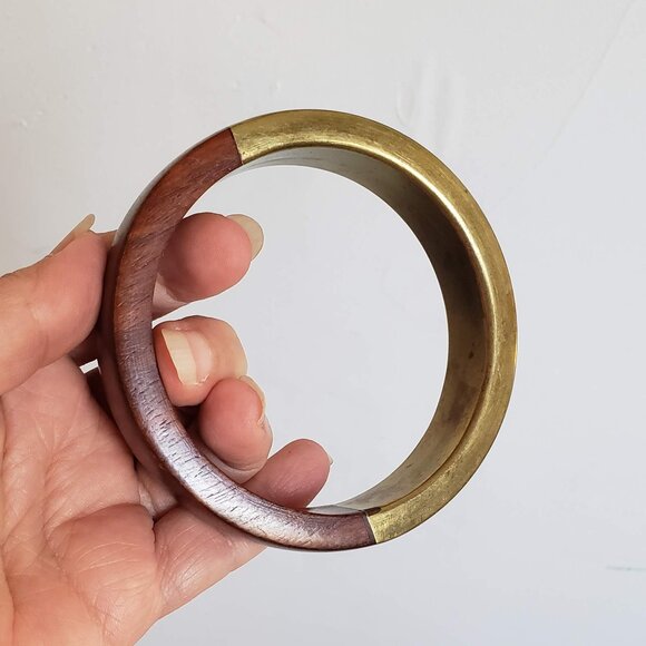 2pcs Vintage BRASS & WOOD Bangles Bracelets Wide Minimalist Modernist - Picture 8 of 12